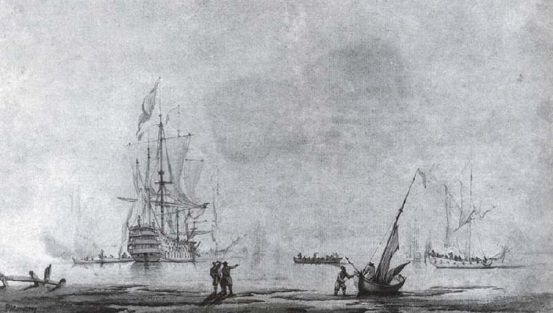 Monamy, Peter A two-decker man-o-war,stern quarter view,and a yacht in a quiet estuary oil painting image